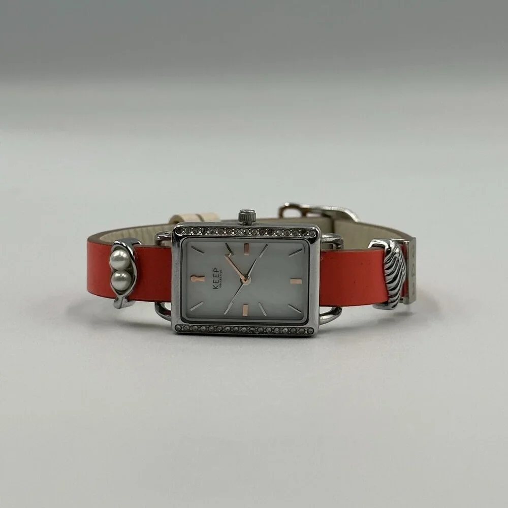 3/$30 Keep Collective Watch Women Silver Tone Orange Reversible Band New Battery